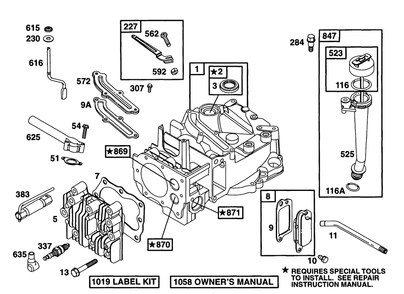Cylinder, Head, Oil Fill Diagram and Parts List for 12E802-0830-XX  Briggs and Stratton Engine